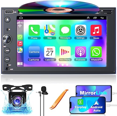 Estéreo de coche doble DIN con reproductor de CDDVD, pantalla táctil de 7 pulgadas con Apple CarPlay y Android Auto, Bluetooth5.2, cámara de
