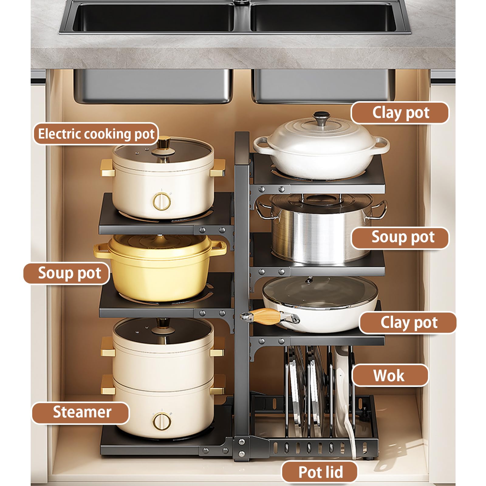 Estante ajustable para debajo del gabinete, organizador de cocina para ollas y sartenes, solución de almacenamiento que ahorra espacio para ollas grandes, diseño gris de 5º piso