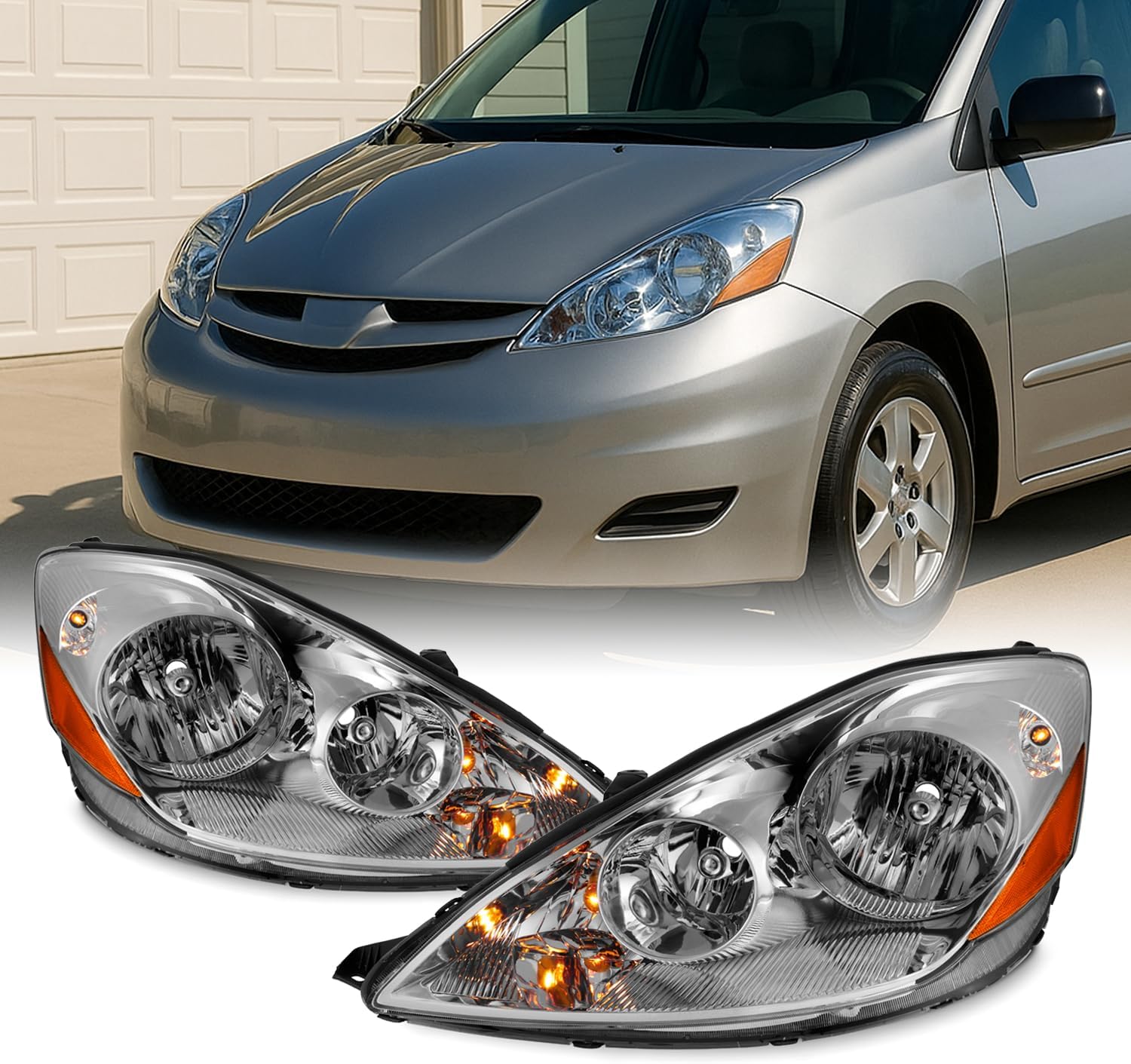 AKKON - For Toyota Sienna Halogen Type Black Headlights Driver Left + Passenger Right Side Replacement Pair Set