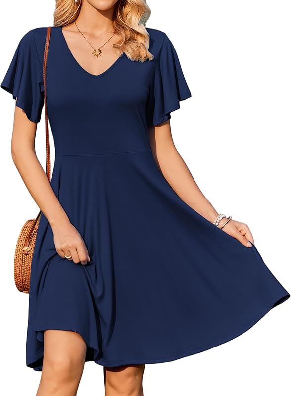 Zeagoo Robe ete Femme Manches Courtes Col en V Robe midi Décontractée Ample Robe de Plage Coupe Trapèze Robe Chemise avec Poches