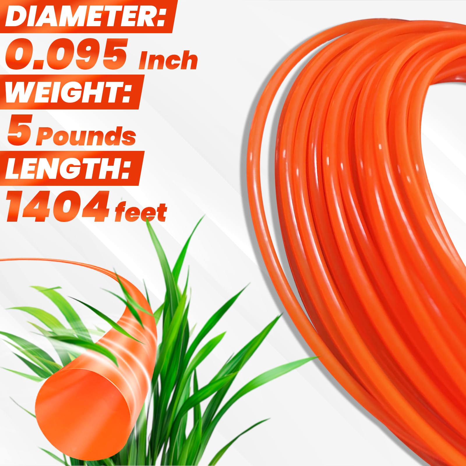 Hongvchang 095 Weed Eater String Trimmer Line of 1404 Feet, 5-Pound Round Weed Wacker String for Universal Replacement, Heavy Duty Commercial Grade Premium Nylon Trimmer Line (Orange)