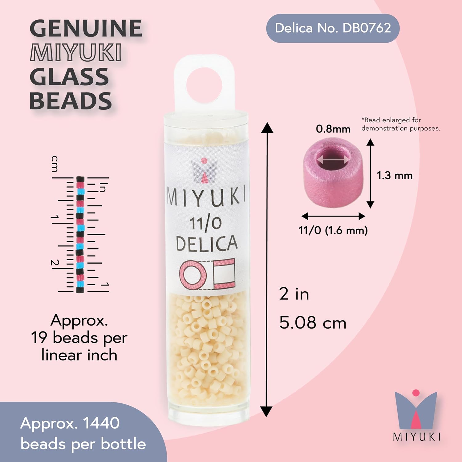Miyuki Delica Seed Beads – Size 11/0 (1.6 mm), DB0762, Matte Opaque Cream, 7.2 g, Approx. 1440 Beads, Made in Japan