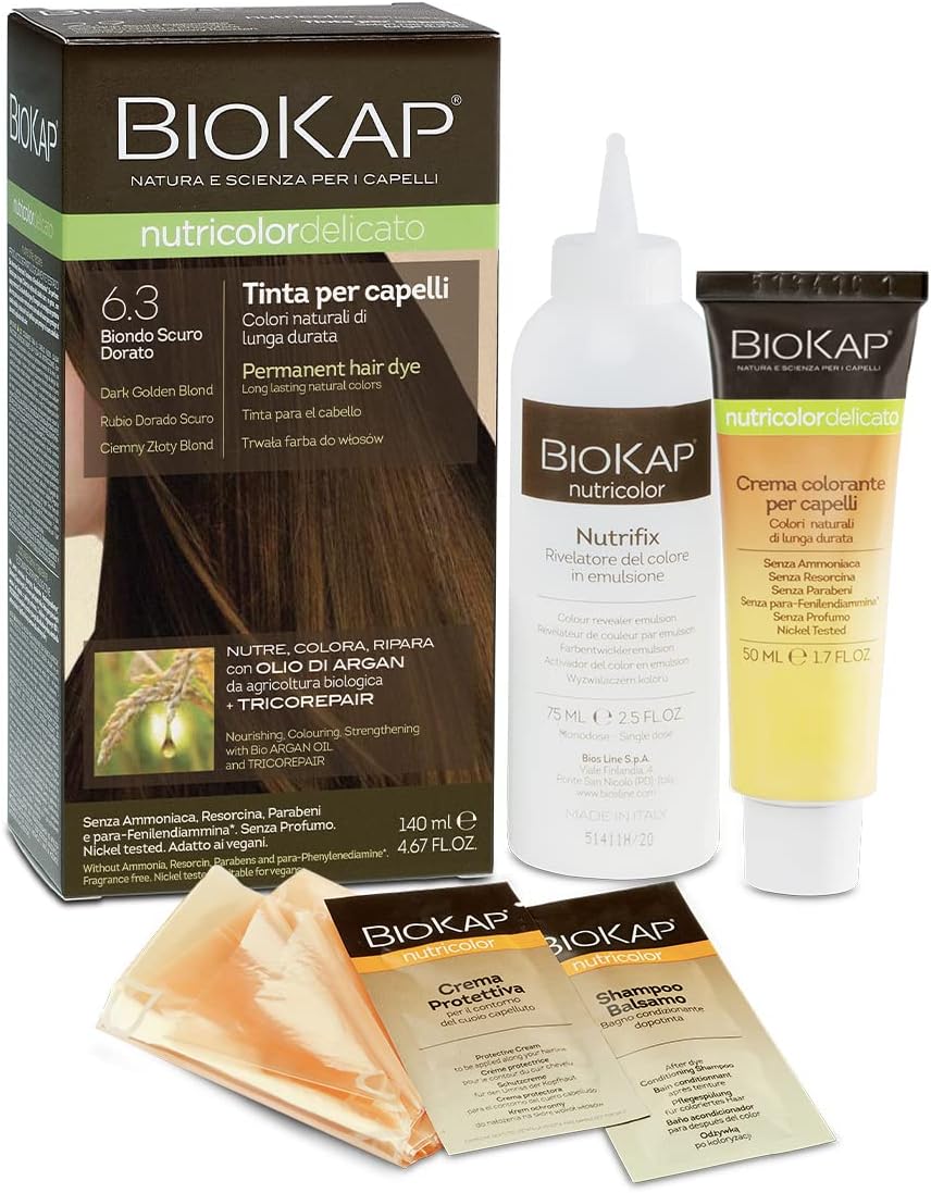 Permanent hair dye by BIOKAP, long lasting natural hair color for 100% gray hair coverage with TRICOREPAIR complex, 4.67 ounce, one treatment, Dark Golden Blonde 6.3