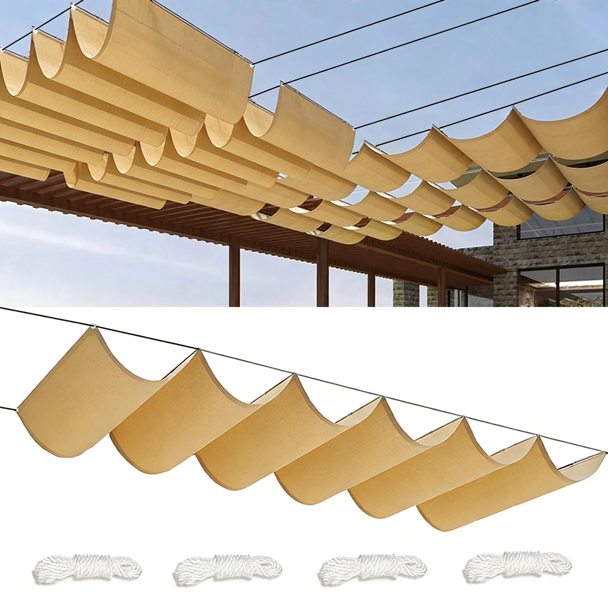 Sun Shade Sail Retractable Wave 4.5x3M Rectangle Awning Canopy Waterproof Shade Sail Garden Sun Sail Patio Canopy 95% UV Block with Rope for Outdoor Garden Patio PartySand