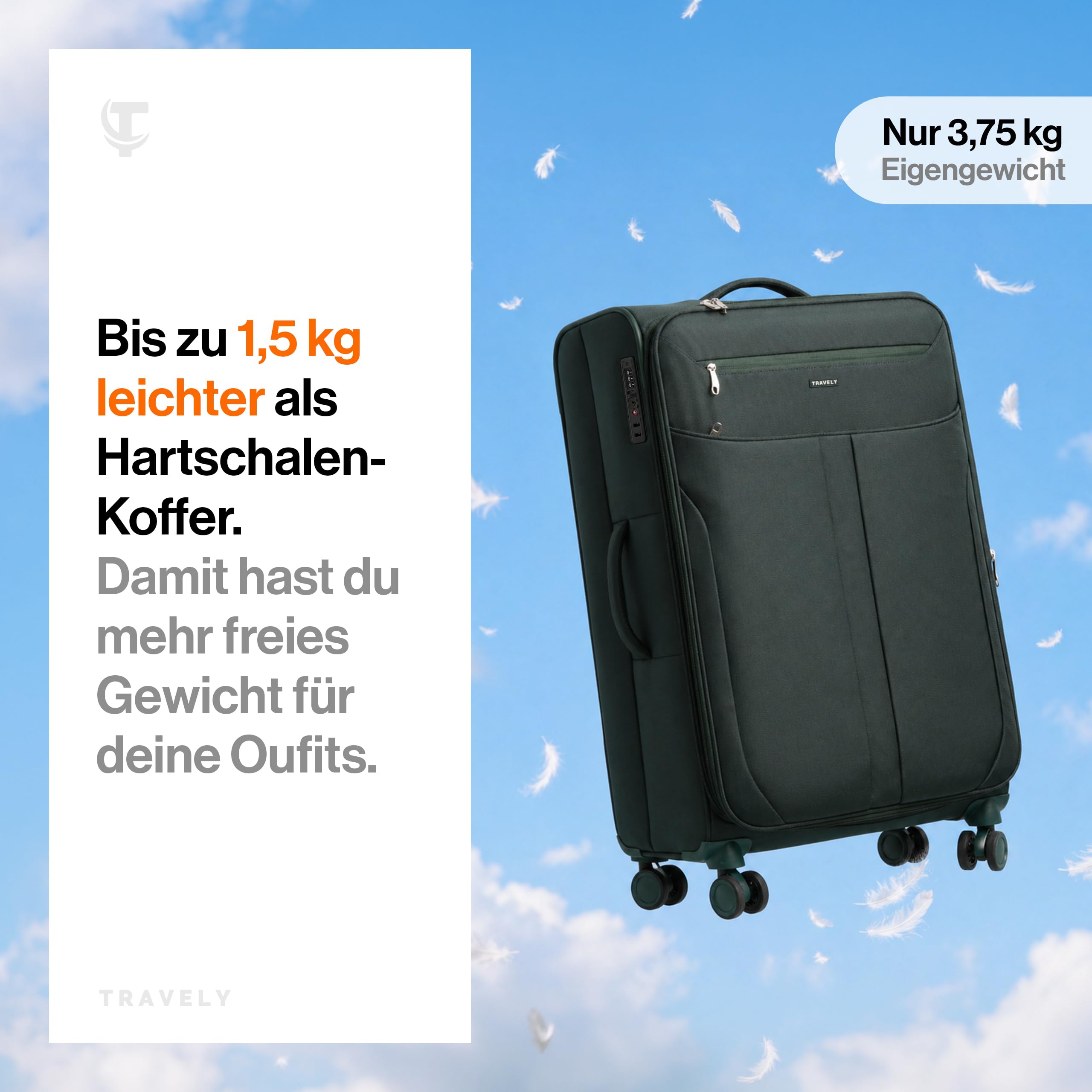 Travely Stoffkoffer XL - Großer Reisekoffer mit 4 Rollen und TSA Zahlenschloss - Leichter Weichschalen Koffer mit Dehnfalte, Koffer Groß aus reißfesten und wasserabweisendem Material, Trolley Groß