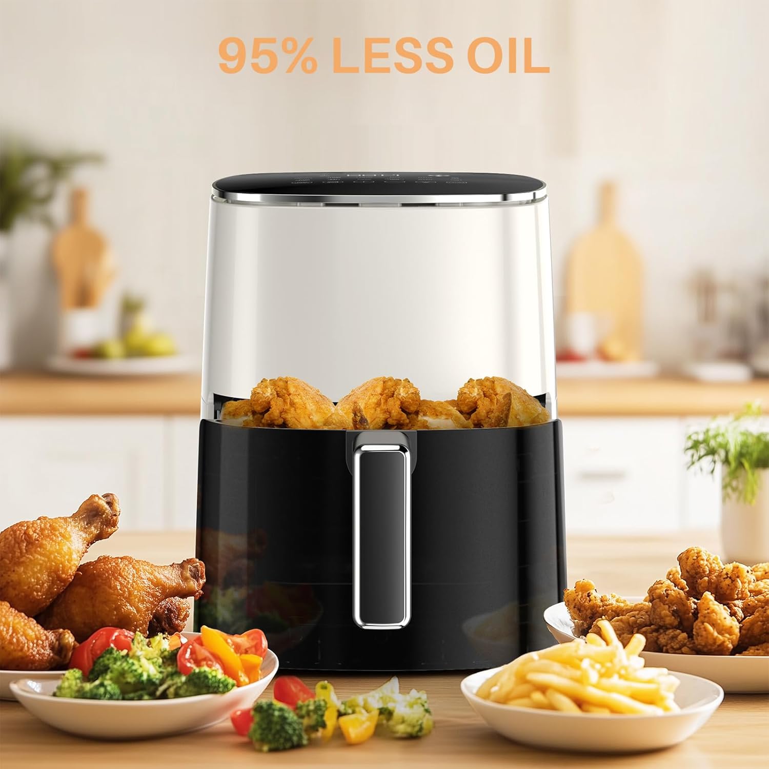 Atilioo Air Fryer with fried chicken pieces and french fries, illustrating healthier frying with less oil.