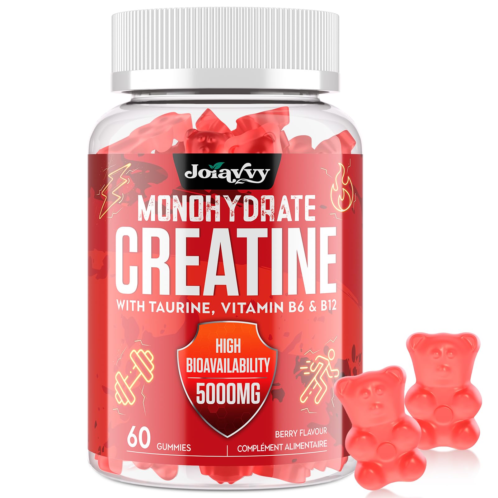 Joiavvy Créatine Monohydrate 5000 mg par Portion, Gummies pour Hommes et Femmes, avec Taurine, Vitamines B6 et B12, Végan, Goût Fruits Rouges