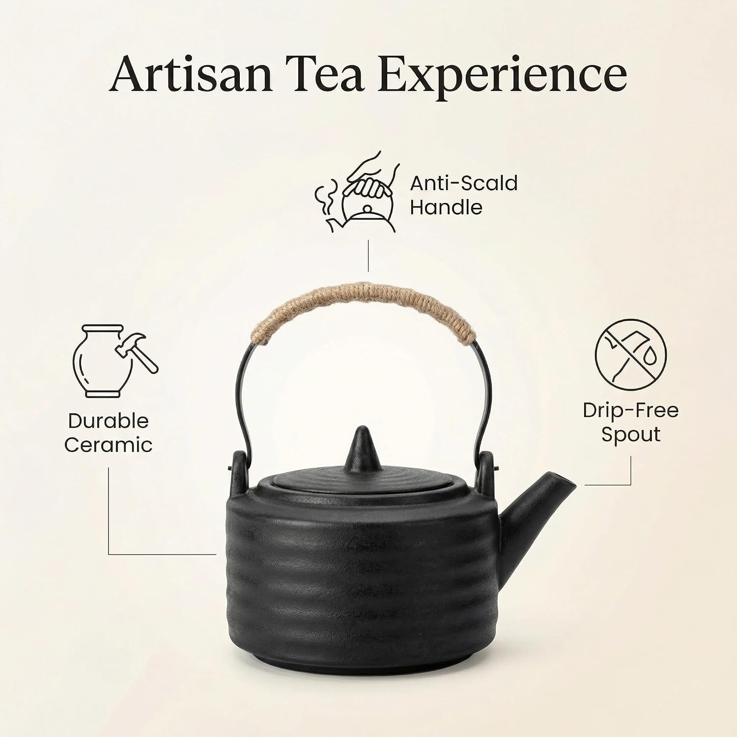 Ceramic Teapot with Stainless Steel Infuser, Heat Resistant, Herbal Tea Perfect Tea Maker, Tea Pots for Loose Tea, 25 Ounce (750 ml), Black