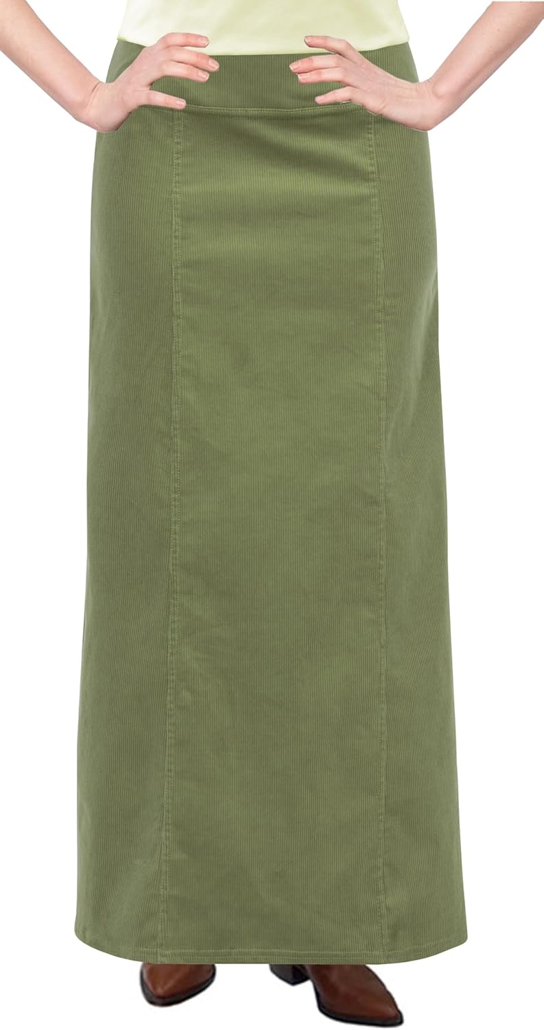 BABY O Women's Long Ankle Length Maxi Stretch Corduroy A-Line Panel Skirt