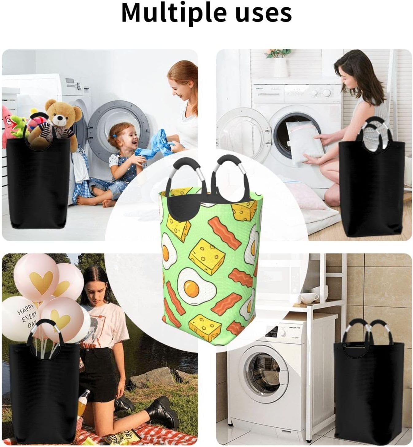 50l Laundry Basket Cartoon Bacon Eggs Waterproof Laundry Hamper Foldable Clothes Laundry Bag With Handles