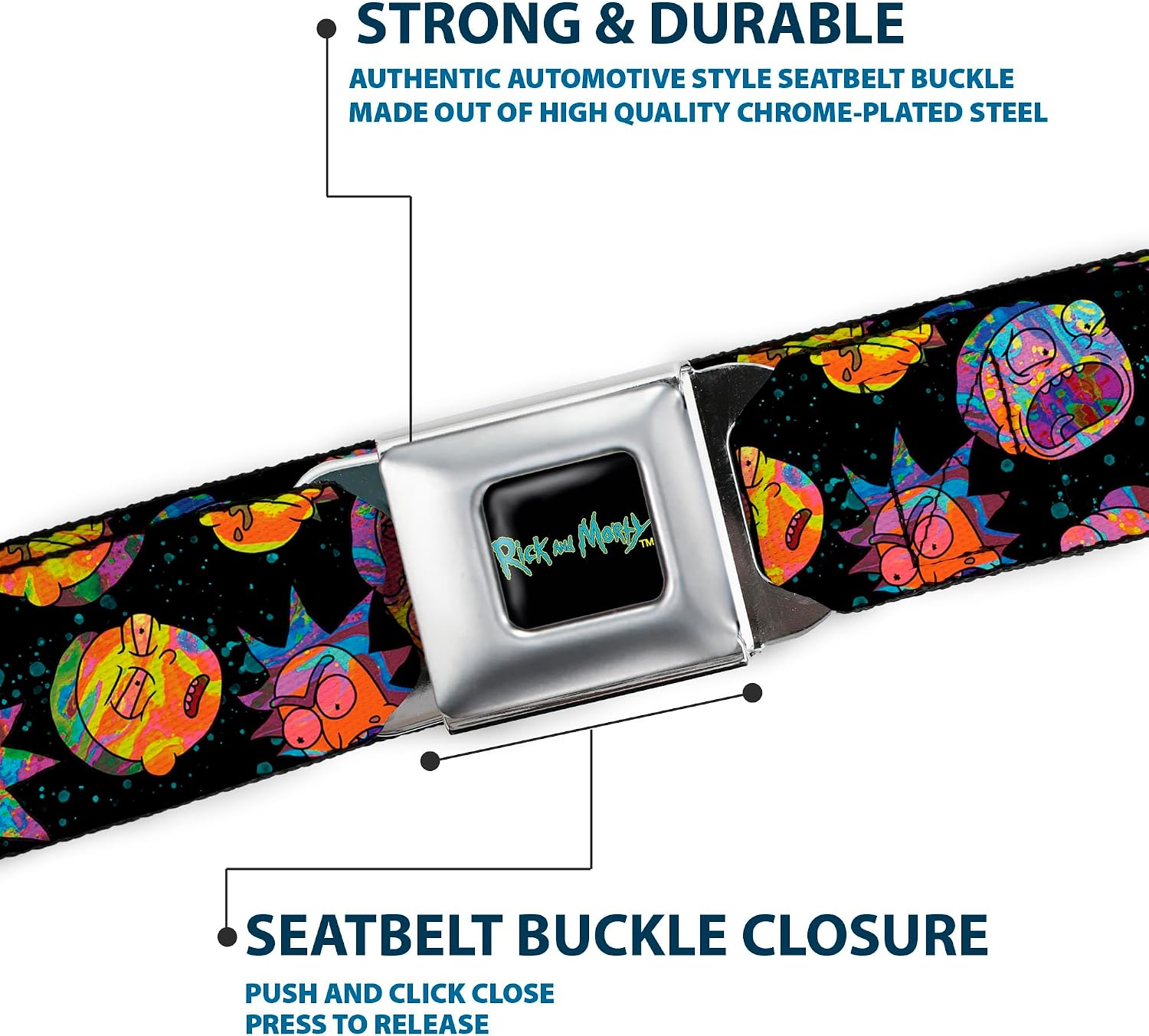 Rick and Morty Belt, Seatbelt Buckle Belt, Rick and Morty Vaporwave Expressions Scattered Multi Color, Adjustable