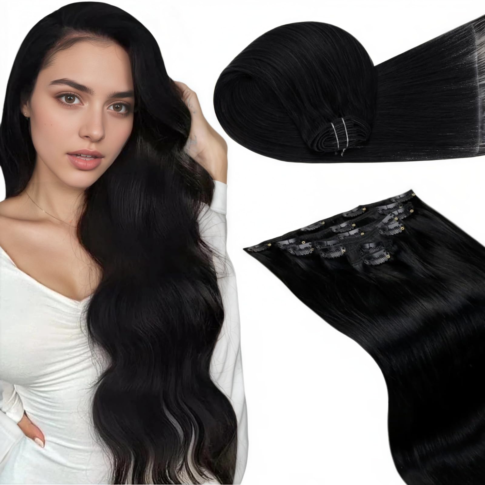 LaaVoo Clip in Extensions Echthaar Schwarz 45cm Extensions Clip in Echthaar Glatt Haarverlängerung 7PCS 105g #1