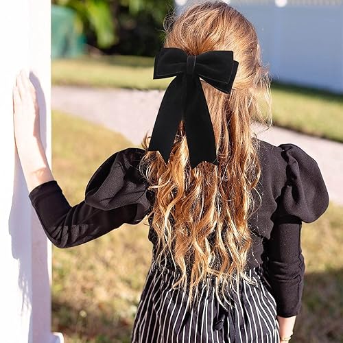Miniatura 4 de 4 lazos de terciopelo para el cabello para niñas, pinzas para el cabello negro, lazos largos para cola de caballo, accesorios para el cabello para