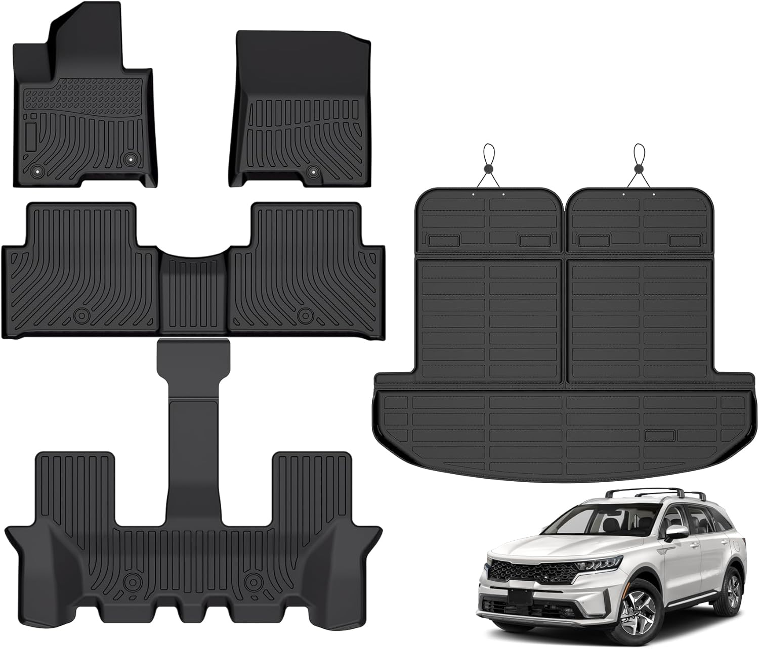 Floor Mats for Kia Sorento Hybrid & Plug-in Hybrid 6 & 7 Passenger 2021-2025 2026 (Only for HEV & PHEV), TPE Waterproof Non-Slip All Weather Protection Custom (Floor Mats & Cargo Liner & Seatback Mat)