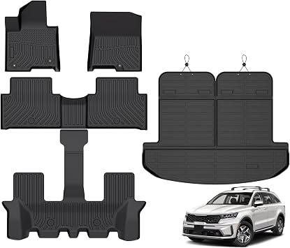 JAOGAUS- Floor Mats & Cargo Liner Set for 2021-2025 Kia Sorento Hybrid PHEV & HEV Sorento Plug-in Hybrid 6/7 Passenger 2021-2024, 1st & 2nd & 3rd Row Full Set, TPE Floor Liners Sorento Accessories