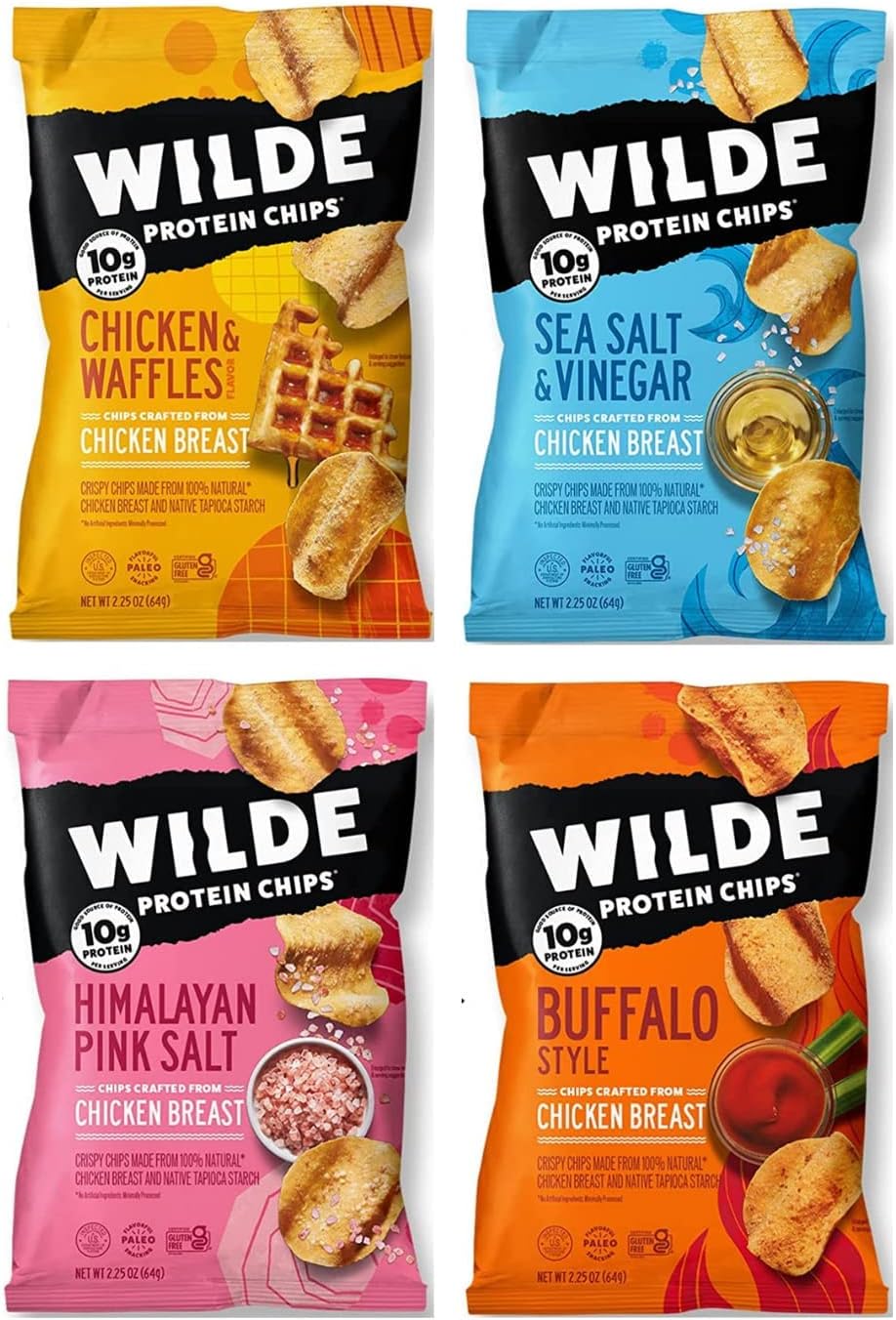 Wilde Chips Variety 4 Pack - Thin and Crispy, High Protein, Keto, Made with Real Chicken - (2.25oz Bag) In Sanisco Packaging
