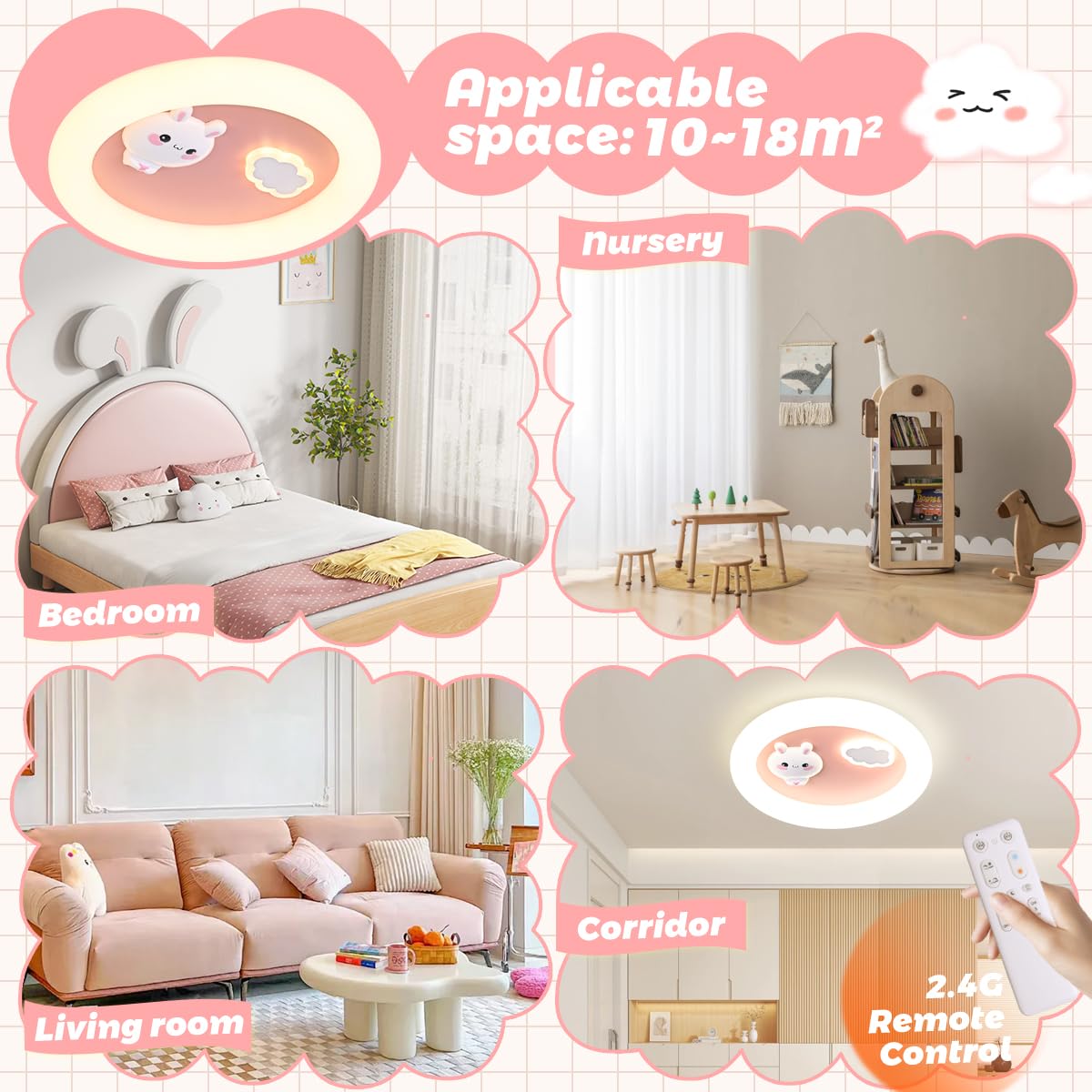 LED Kinder Deckenlampe Hase Wolke Kinderzimmer Lampe Decke, Dimmbar Deckenleuchte mit Fernbedienung, Mädchen Zimmer Licht Schlafzimmer Decke Kindergarten Beleuchtung, Nachtlicht Funktion (40cm Rosa)