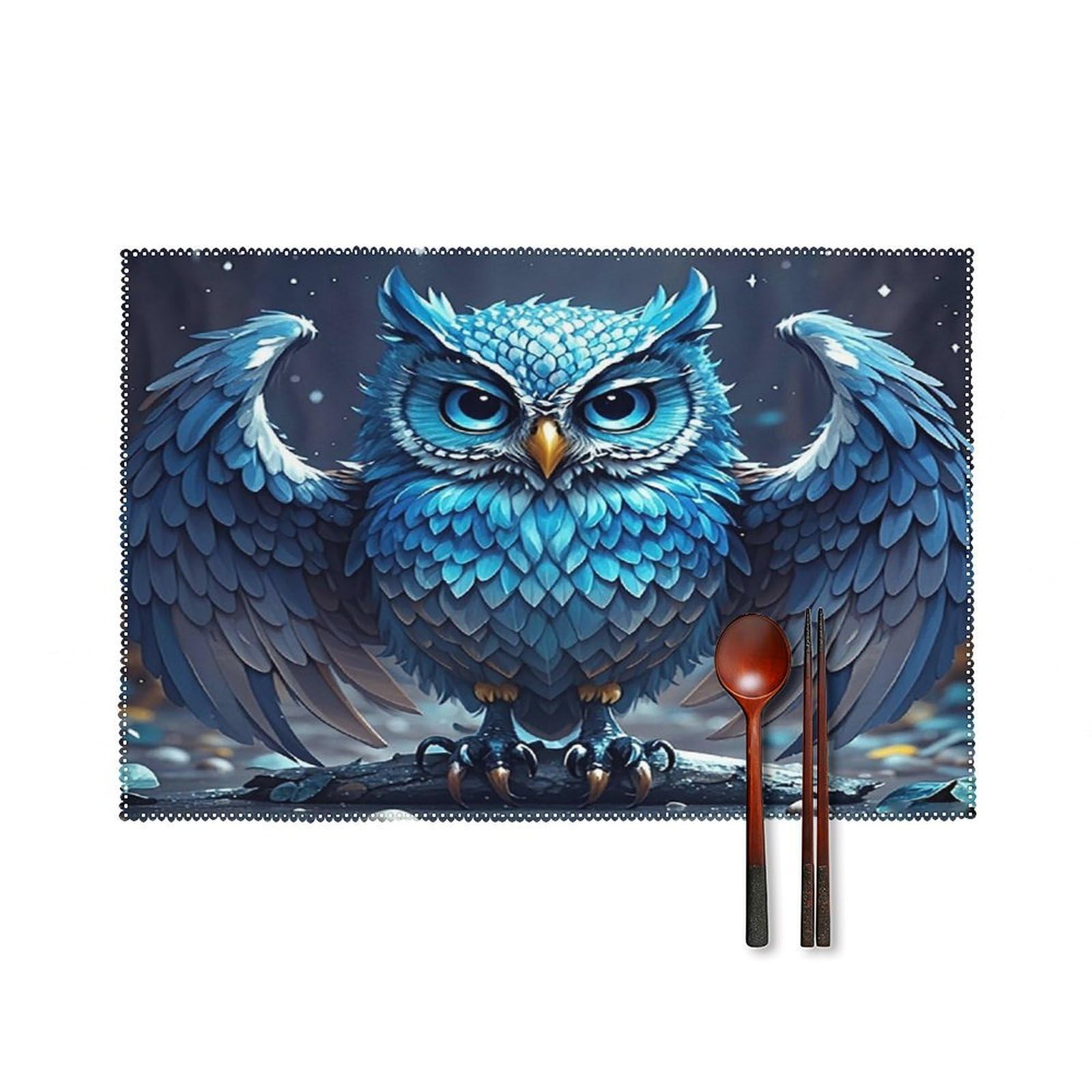 Blue Owl Placemat Set of 6,Thickened Non-Slip Place Mats Heat Resistant Reversible Table Mats Resistant Washable Place Mat for Kitchen Dining Table Decoration Indoor