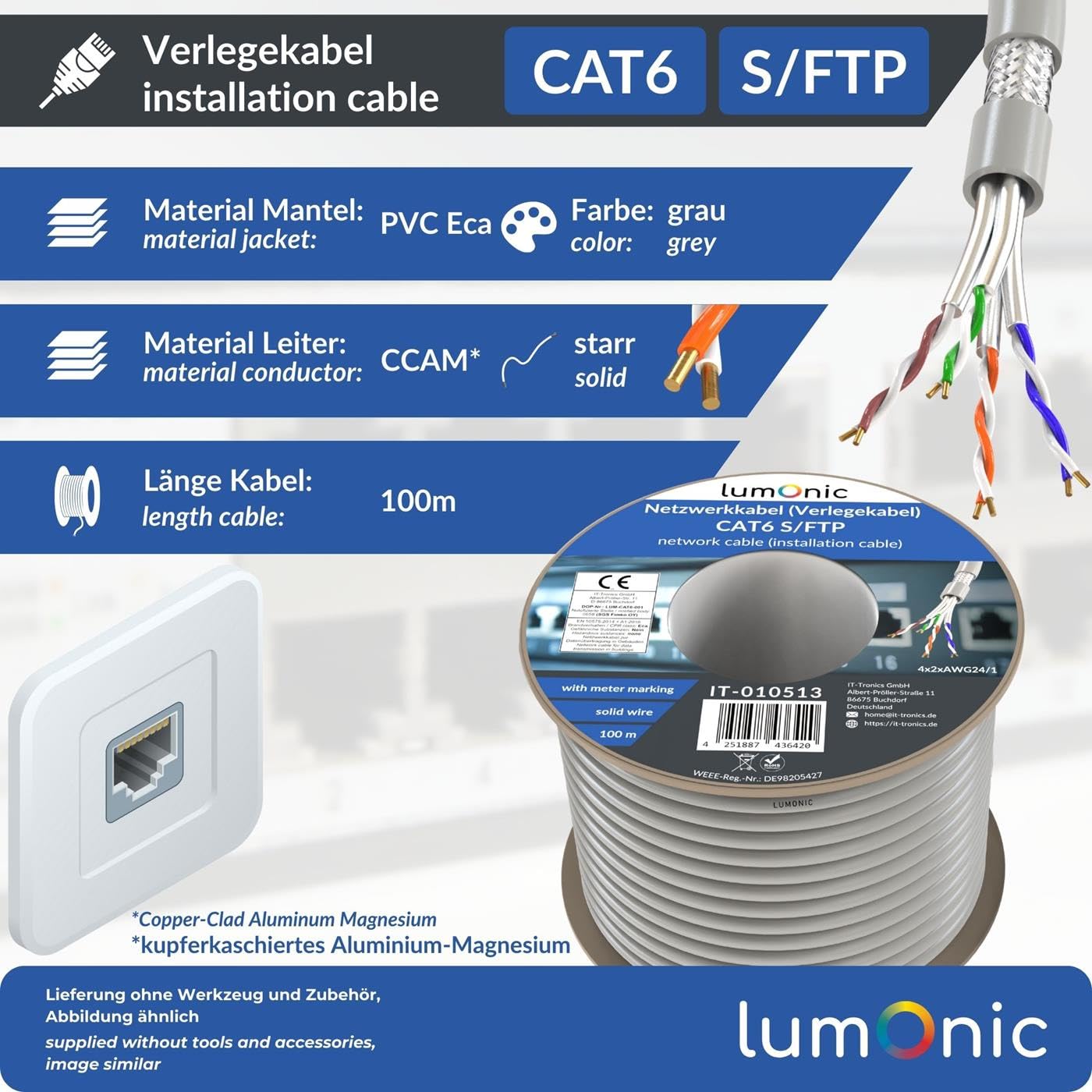 Lumonic LAN Câble de réseau 100m | LAN Câble CAT6 S/FTP | Câble d'installation 4x 2x AWG24/1 (solidr) | 250MHz 10 Gbit/s Ethernet