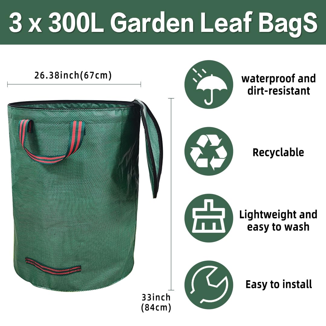 3× 300L Large Garden Waste Bags Heavy Duty with Lid Waterproof Foldable Reusables with Handles Garden Waste Bags Heavy Duty for Grass Leaves Hedge Cuttings Debris - Image 2