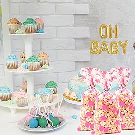 COQOFA 100 Pcs 5X11 Gift Wrap Cello Cellophane Treat Bags Party Favor bag Clear Candy Cookie Bag Plastic Poly Goodie Storage Bags with Twist Ties for Baby Shower, Birthday, Wedding ,Party Decorations(Pink Elephant)