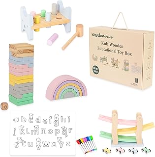 Wooden Toys for Kids, 5 in 1 Learning Educational Set (Includes Rainbow Stacker, Hammering Pounding, Race Track, Tumbling Tower Blocks, Alphabet Writing)- Gift for Boys Girls