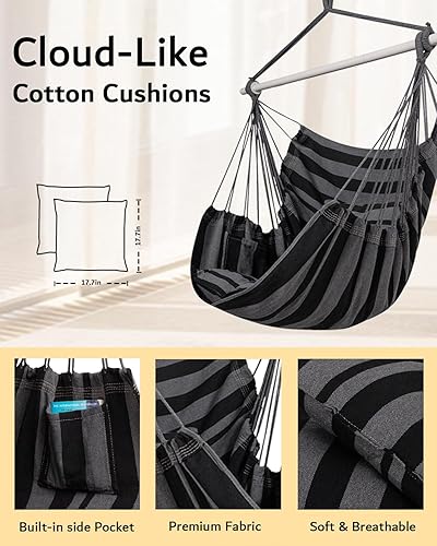 Miniatura 10 de ADVOKAIR Silla hamaca colgante grande para interiores con barra de extensión de acero antideslizante y bolsillo, máximo 500 libras, 2 cojines,
