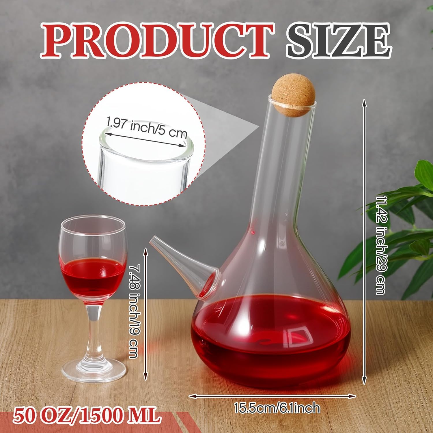 Hushee 50 oz Porron Wine Decanter Spanish Wine Pitcher Carafe with Lid Lead-free Glass Jug for Adults Party Holiday Birthday Gift (1500ml)