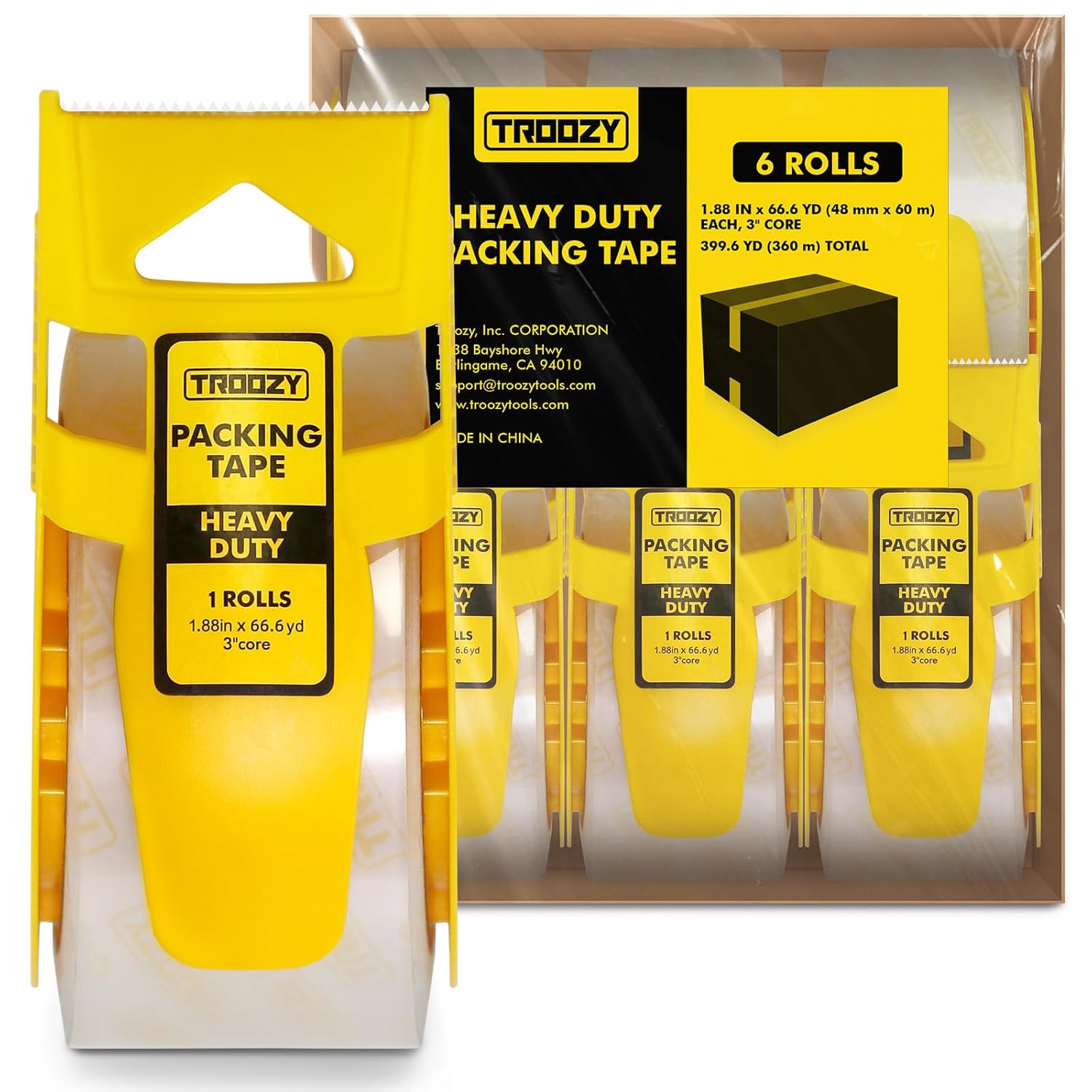 Clear Heavy Duty Packing Tape with Dispenser for Packing Shipping Moving and Warehouses, 2.68 mil Thick, 1.88 in x 66 yd, 6 Pack
