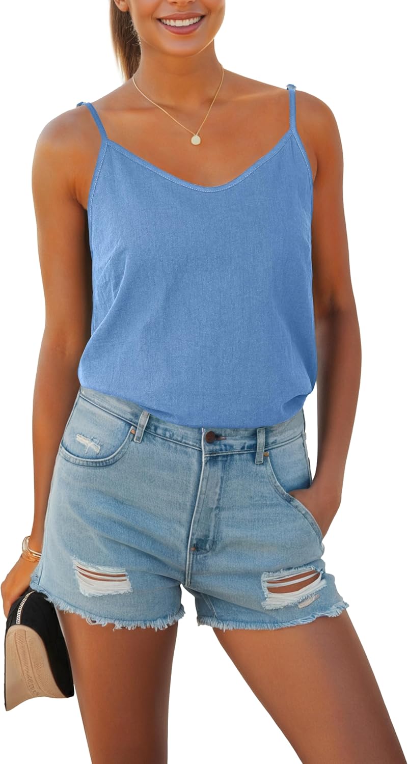 Womens Tank Tops Summer Casual Sleeveless V Neck Camisole Loose Fit Spaghetti Strap Cami Shirts - Image 2