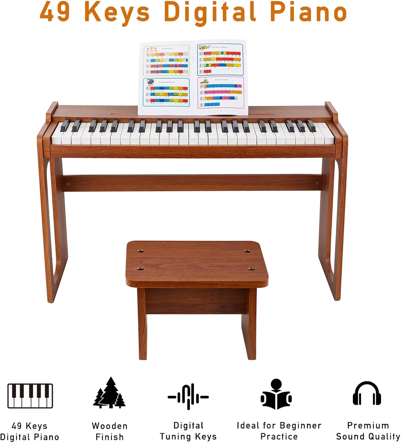 49-Key Digital Piano, Plug-In Portable Keyboard Complete Set, Standard Tones, Smooth Key Return, with Walnut Wooden Stand and Bench for Beginner Music Practice thumbnail