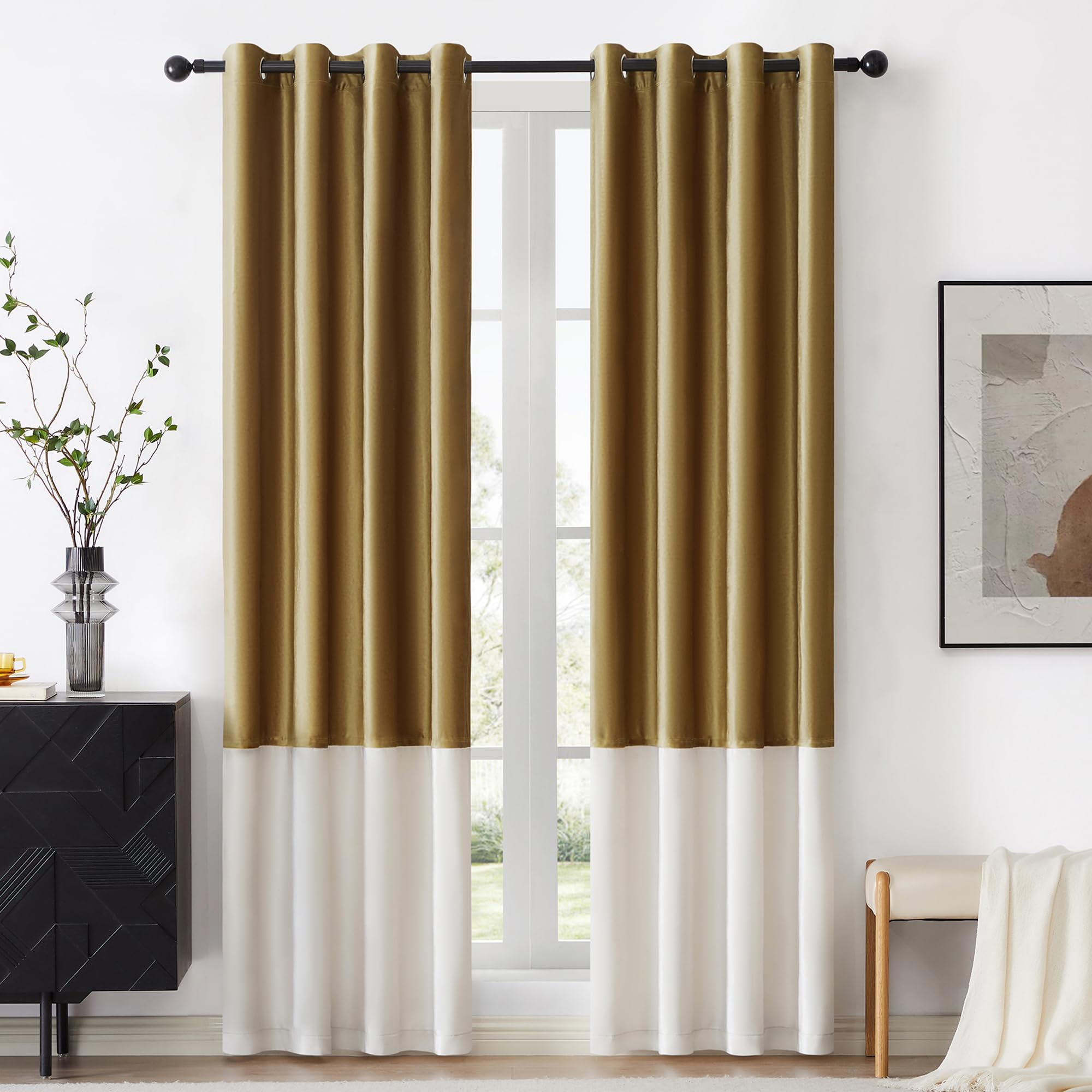 BULBUL Color Block Window Curtains Panels 96 inches Long Gold Ivory Velvet Farmhouse Drapes for Bedroom Living Room Darkening Treatment with Grommet Set of 2