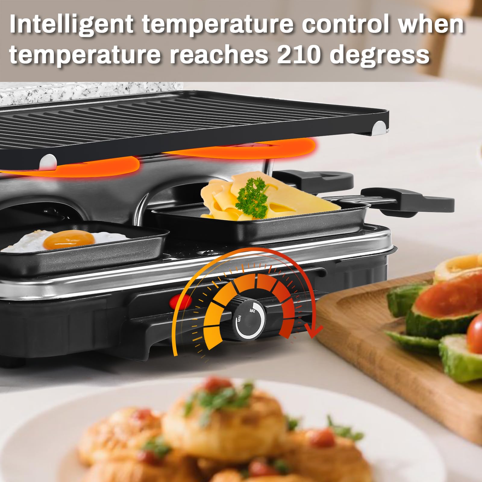 HengBO Raclette 8 Personas - Raclette Grill Electrico con Piedra para Asar Carne, Plancha Antiadherente Reversible y 8 Sartenes, Parrilla Electrica Barbacoa Sin Humo para 6 8 10 Personas, 1300 W