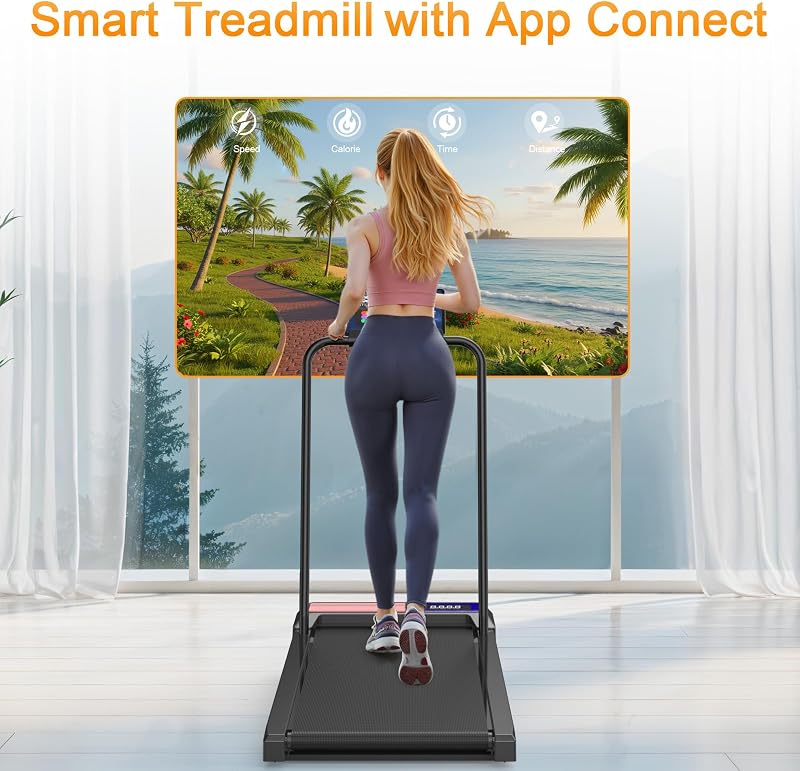 HOELLL Treadmills for Home Small with 0%-8% Incline and APP Sync, Compact Under Desk Walking Treadmill Pad with Handle Bar Removable, Remote Control and LED Display, 2.5HP, Blue Red image 2