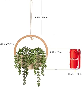 Floweroyal 2pcs Artificial Succulents Hanging Plants 12.2'' Fake String of Pearls in Pot with 8.3'' Lanyard for Indoor Outdoor Wall Decor(Wood Color).