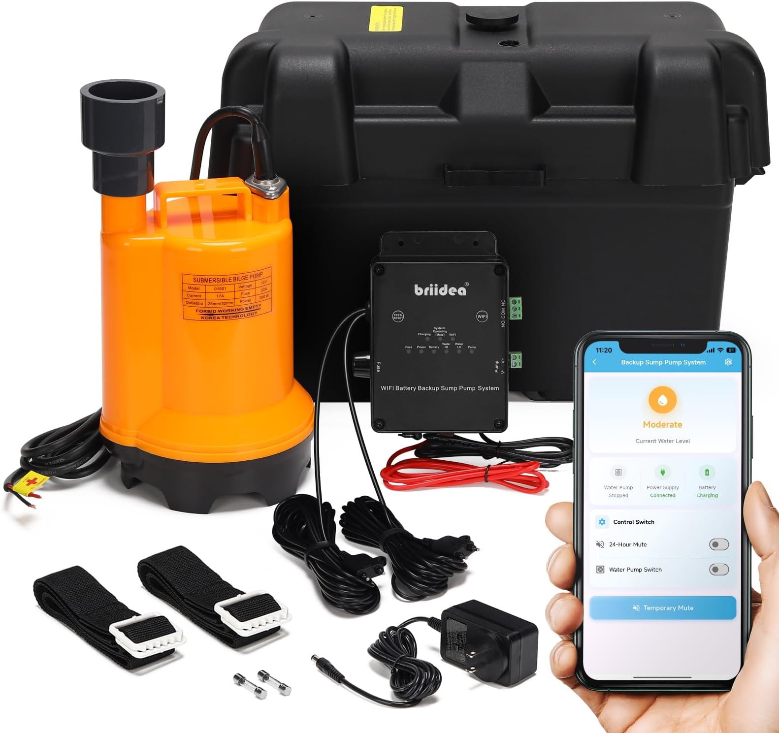 Briidea Battery Backup Sump Pump System for Basement, 2.4G & 5G WiFi, 9 LED Indicators, Smart Alarm, Electronic Water Level Sensor, 12V Battery Compatible (Battery Not Included)
