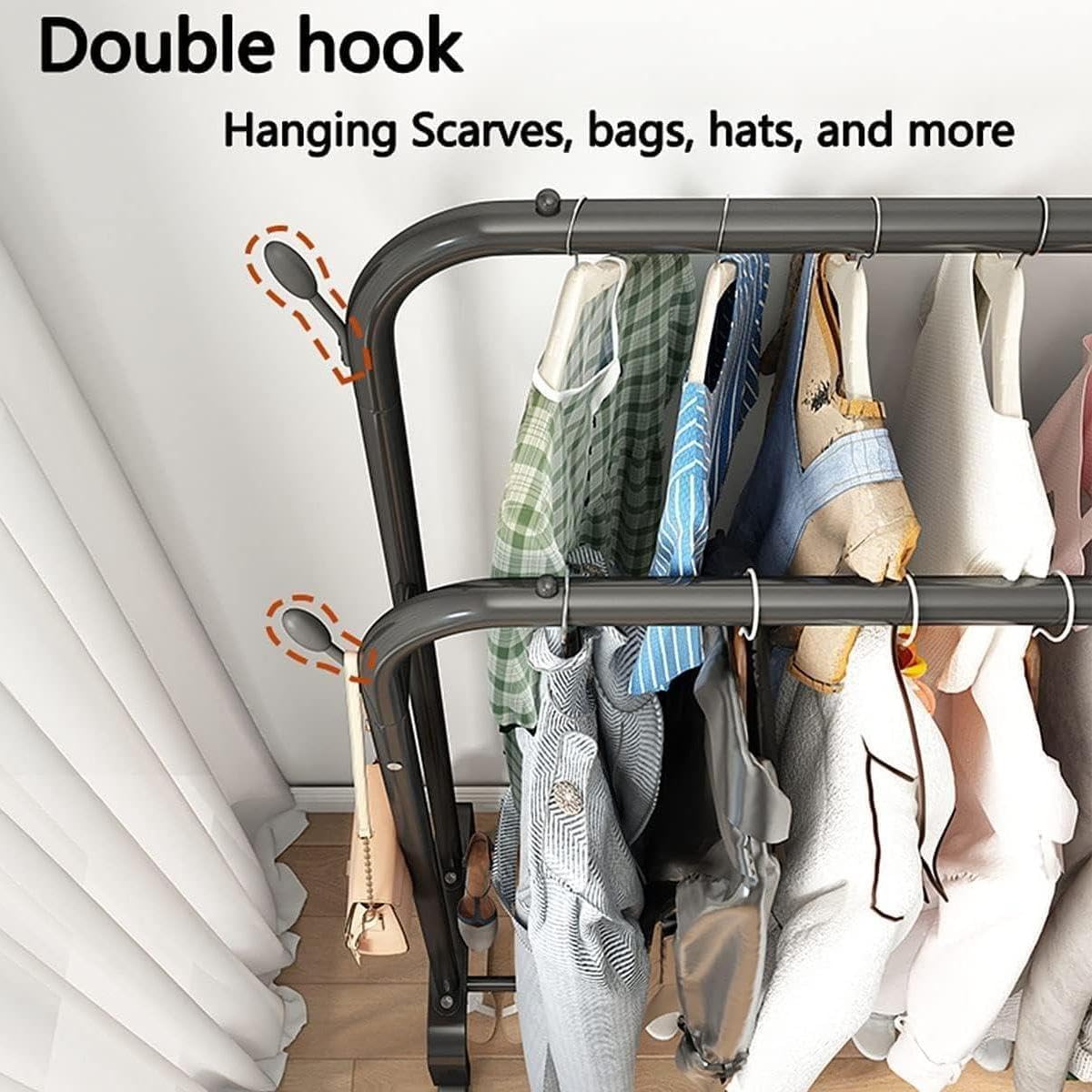 Double-Rod Garment Rack with Wheels, Clothing Rack for Hanging Clothes,4 Hooks, Multi-functional Bedroom Clothes Rack, Black