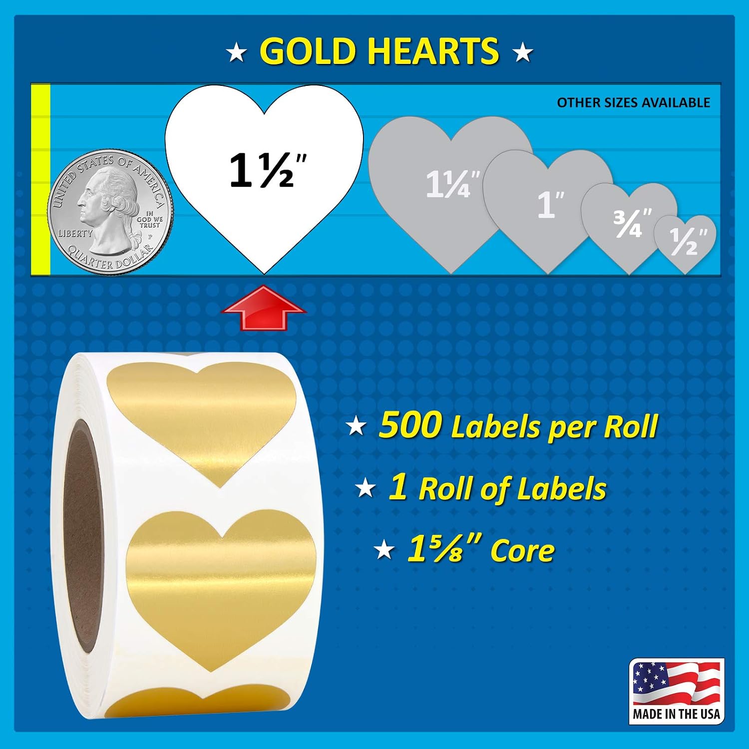 Gold Heart Shaped Sticker Labels, 1 1/2" Diameter, 500 per Roll, 1.5 inch