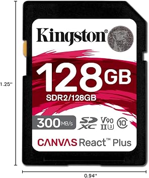 Kingston Canvas React Plus 128GB SD Card | SDXC UHS-II | 300R/260W U3 V90 | Full HD/4K/8K | SDR2/128GB | Class 10, 300MB per S Read, 260MB per S Write, Part Sdr2/128gb, Ideal for 4k/8k