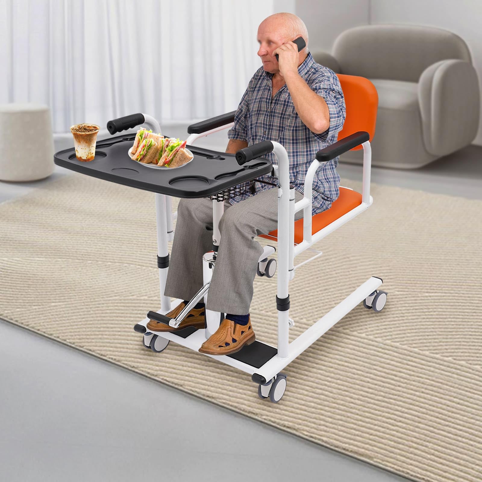 Sedia di trasferimento idraulica per pazienti e anziani, diviso a 180°, sedia multifunzionale altezza regolabile con ruote universali, tavolo da pranzo e vaso portatile (arancione)
