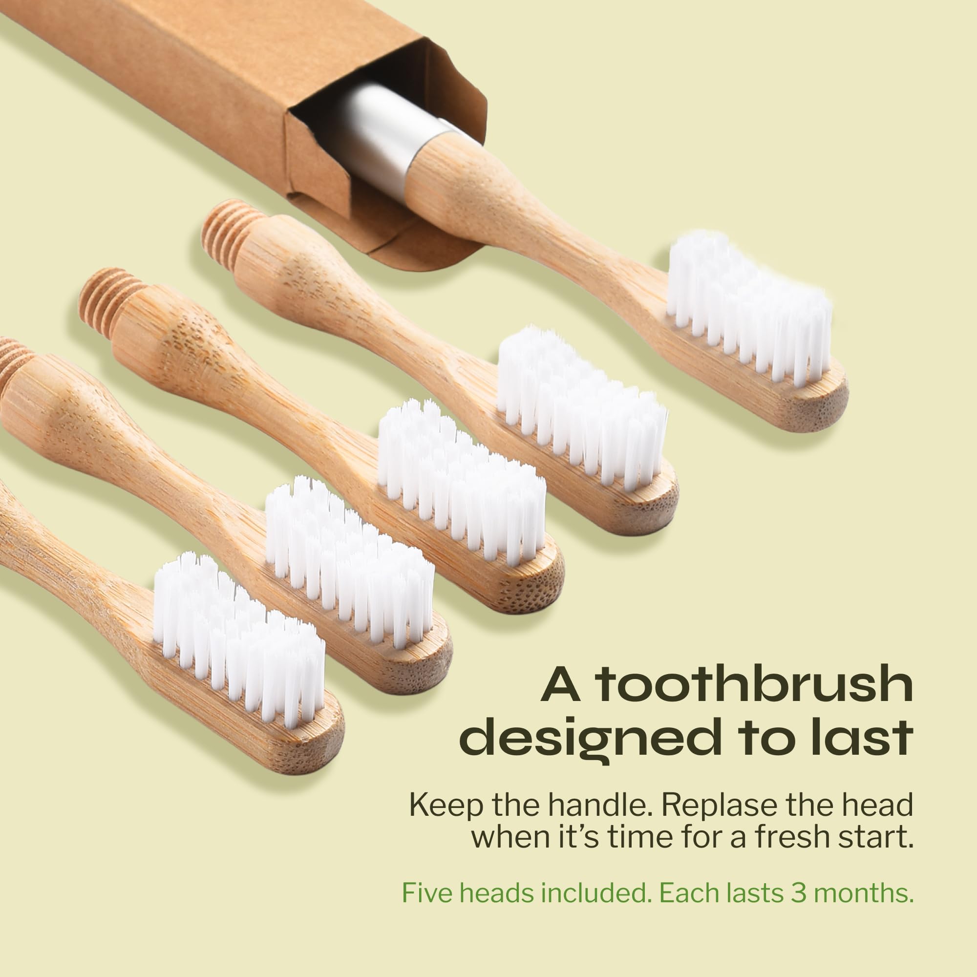 Spazzolino da denti naturale ecologico | Manico in alluminio riutilizzabile, testine in bambù sostituibili, senza mircoplastiche, 100% setole a base vegetale