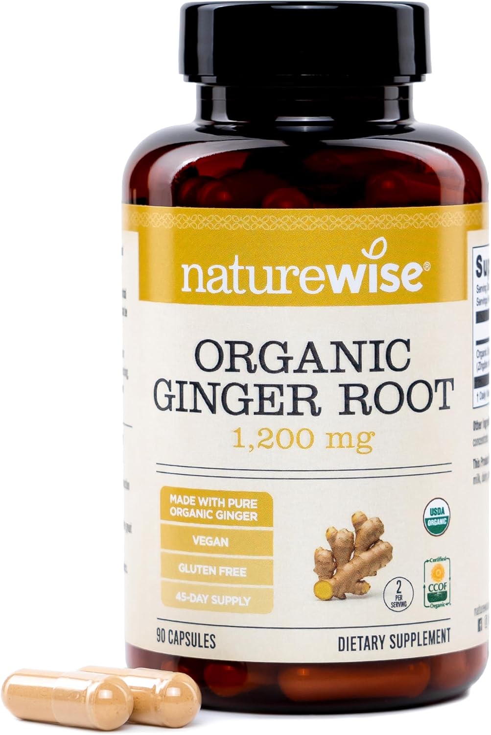 NatureWise Organic Ginger Root 1200mg - USDA Organic – Certified Organic by CCOF - Digestive Comfort & Immune System Support - Vegan - Non-GMO - USA Manufactured - 90 Capsules[45-Day Supply]