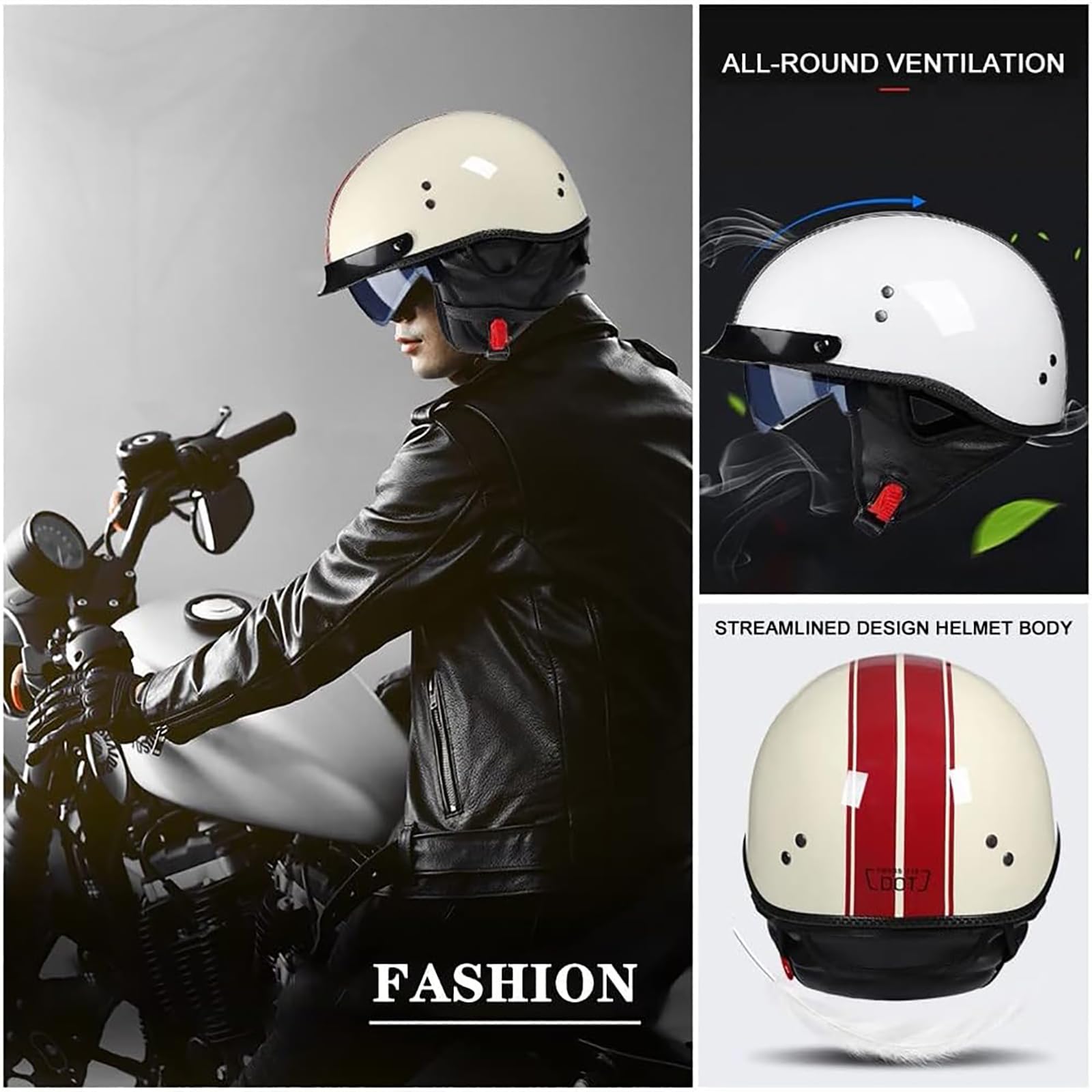 Casco da Moto Aperto per Adulti, Uomo e Donna, omologato DOT/ECE, Casco da Moto retrò, Casco Jet da Strada con Visiera Parasole a Scomparsa, Crema B, L