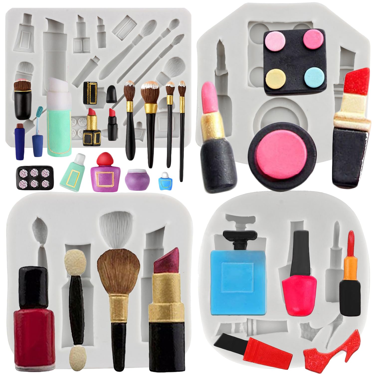MYPRACS Makeup Tools Silicone Moulds Lipstick Perfume Bottle Fondant Mould Nail Polish Makeup Brush Moulds for Cupcake Topper Polymer Clay Chocolate Gum Paste Cake Decoration Set of 4