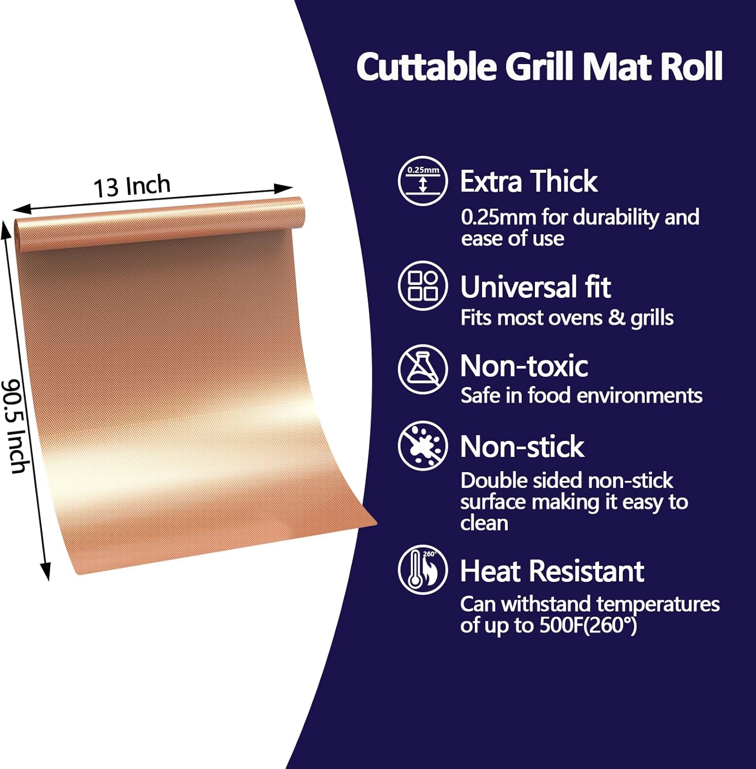 UBeesize 13x90 Inch Copper Grill Mats Roll for Outdoor Grill- Heavy Duty Non-Stick BBQ Grilling Mat & Oven Liner, Reusable, Easy to Clean - Cut to Custom Fit Oven, Gas, Charcoal, and Electric BBQ - Image 3