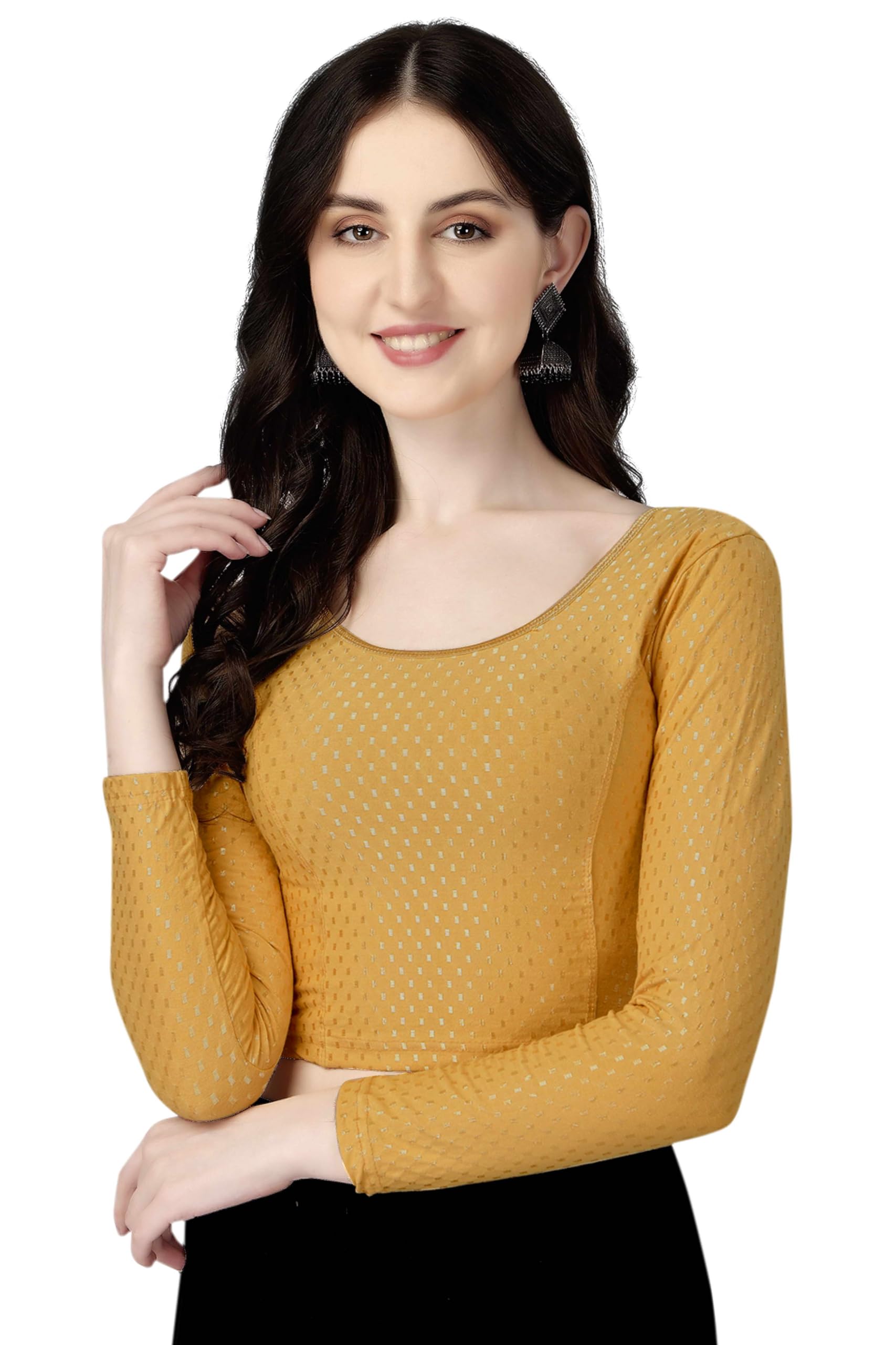 Shiv Textiles Round Neck Dobby Cotton Lycra Stretchable Elbow Sleeve Readymade Saree Blouse For Women Stylish (Beigepluse Size Full Sleeve)
