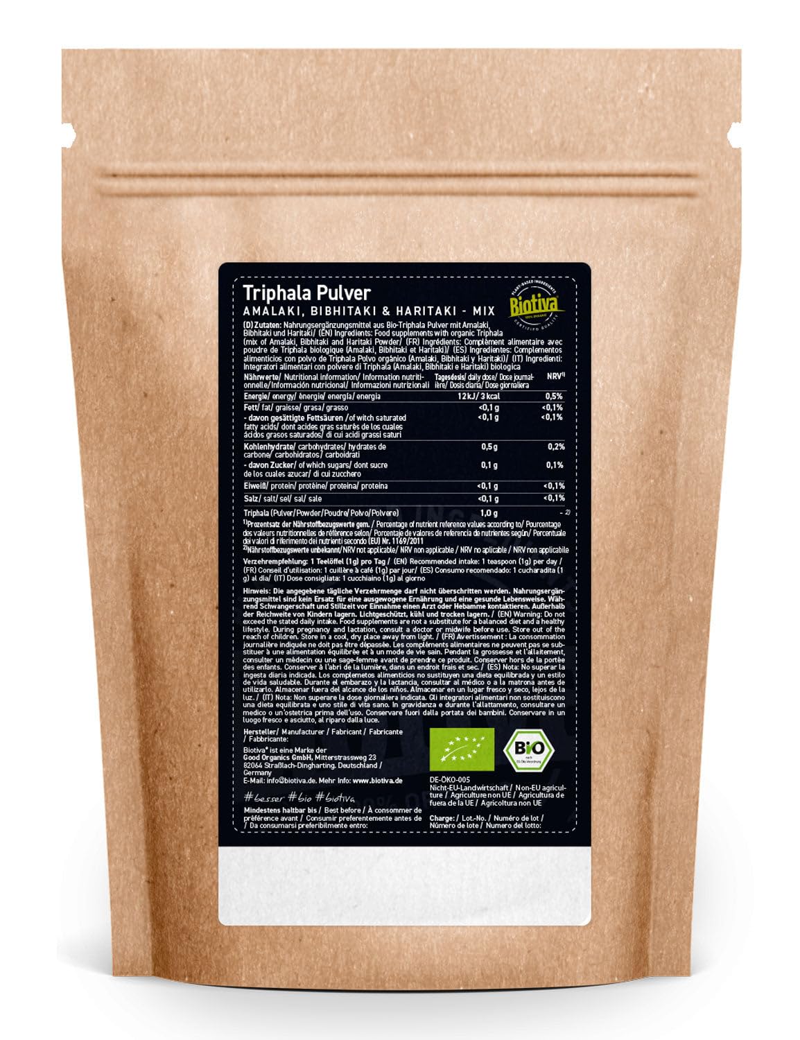 Triphala en poudre bio 1000g (2x500g) - Amalaki, Haritaki, Bibhitaki - Triphala ayurvédique bio - Conditionné et contrôlé en Allemagne - 100% végan- Biotiva