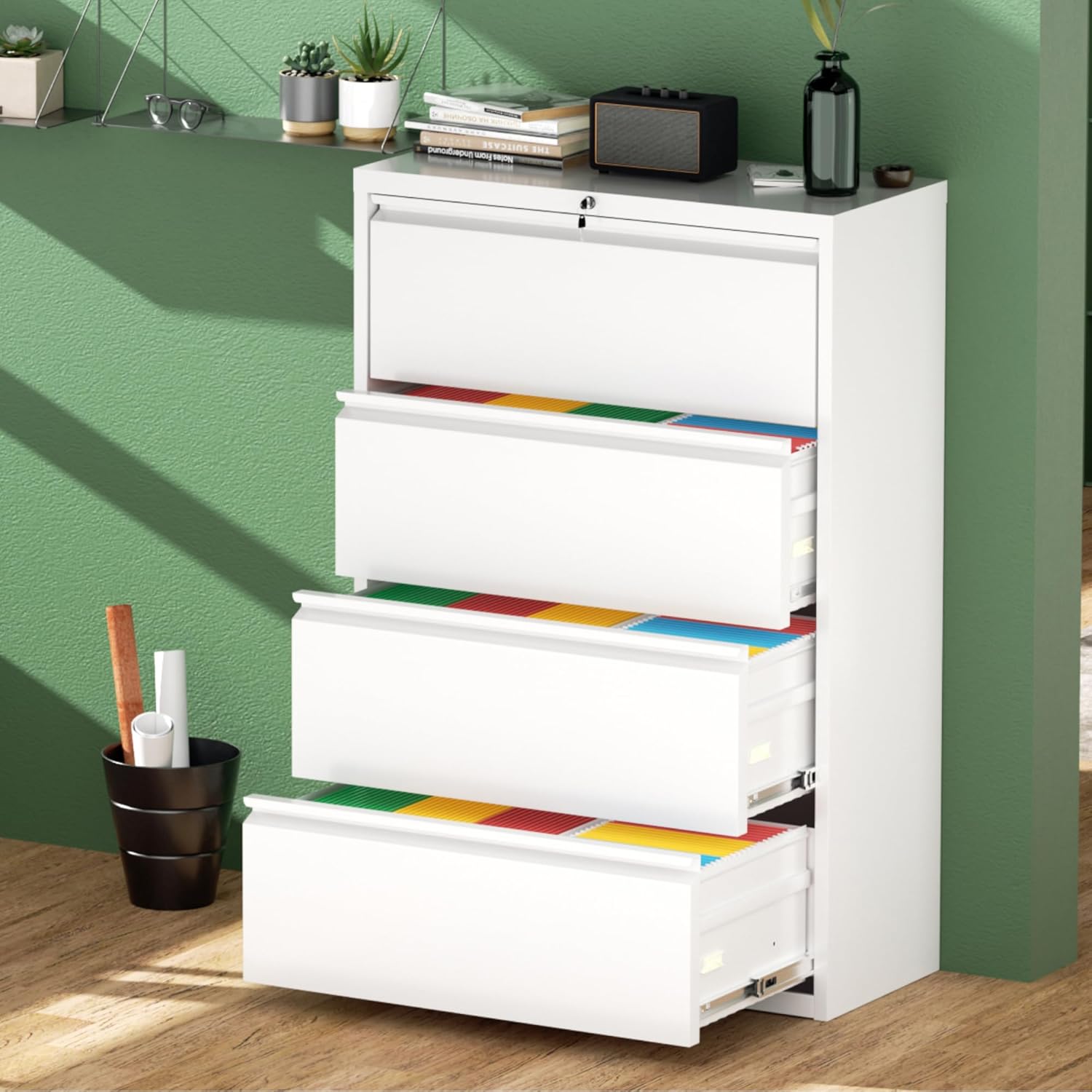 Greenvelly 4 Drawer File Cabinet, Lateral Filing Cabinet for Home Office, White Metal File Cabinet with Lock, Lockable Lateral File Cabinet with Hanging Files&Key for Letter/Legal/F4/A4 (36" W)