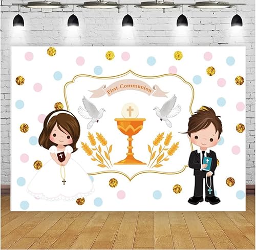 Fondo de fotos de primera comunión para niños y niñas, vinilo con texto en inglés God Bless My Bautismo (7 x 5 pies)