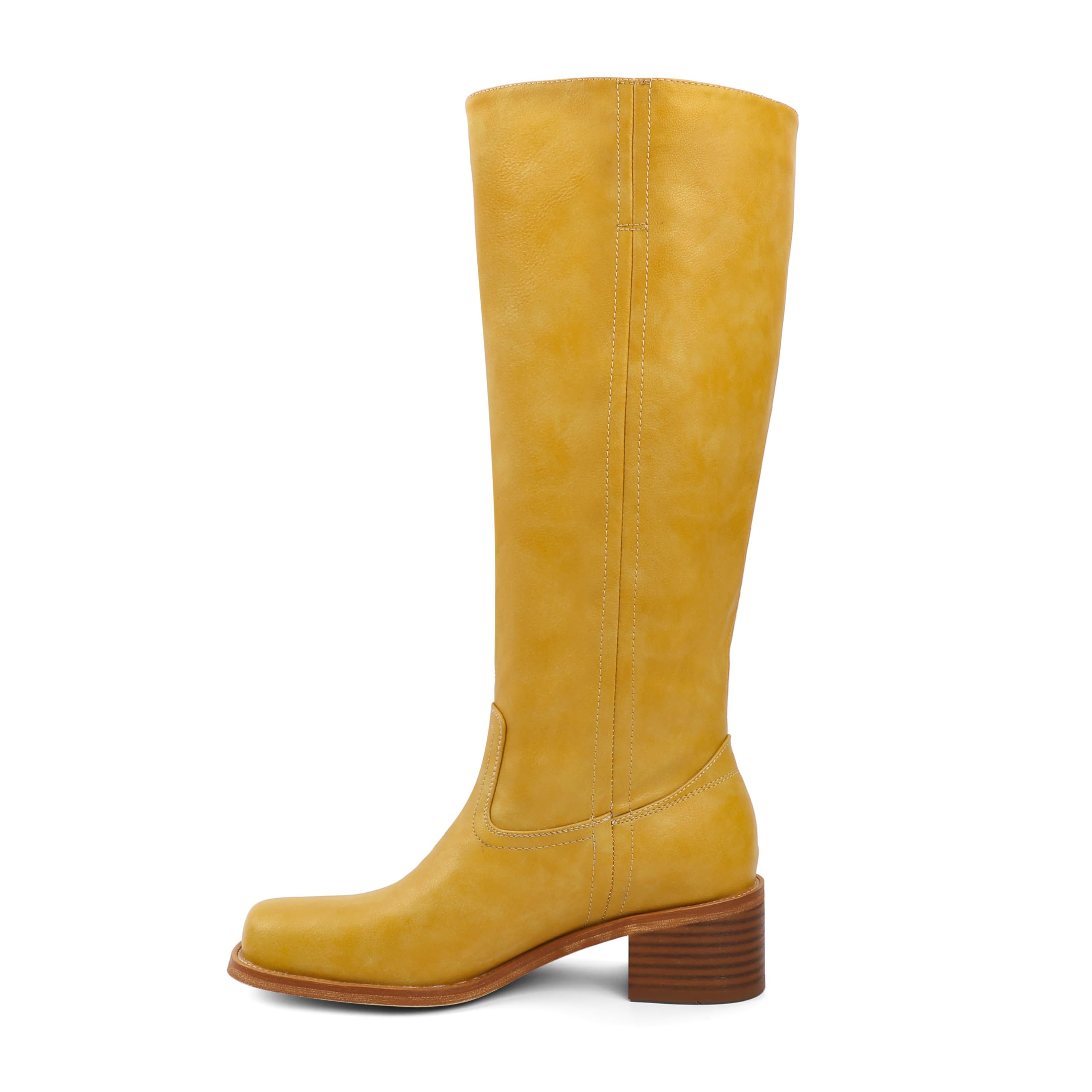 YODEKS Banana Knee High Boots Womens Banana Boots Yellow Square Toe Chunky Block Heel Wide Calf 2 Inch